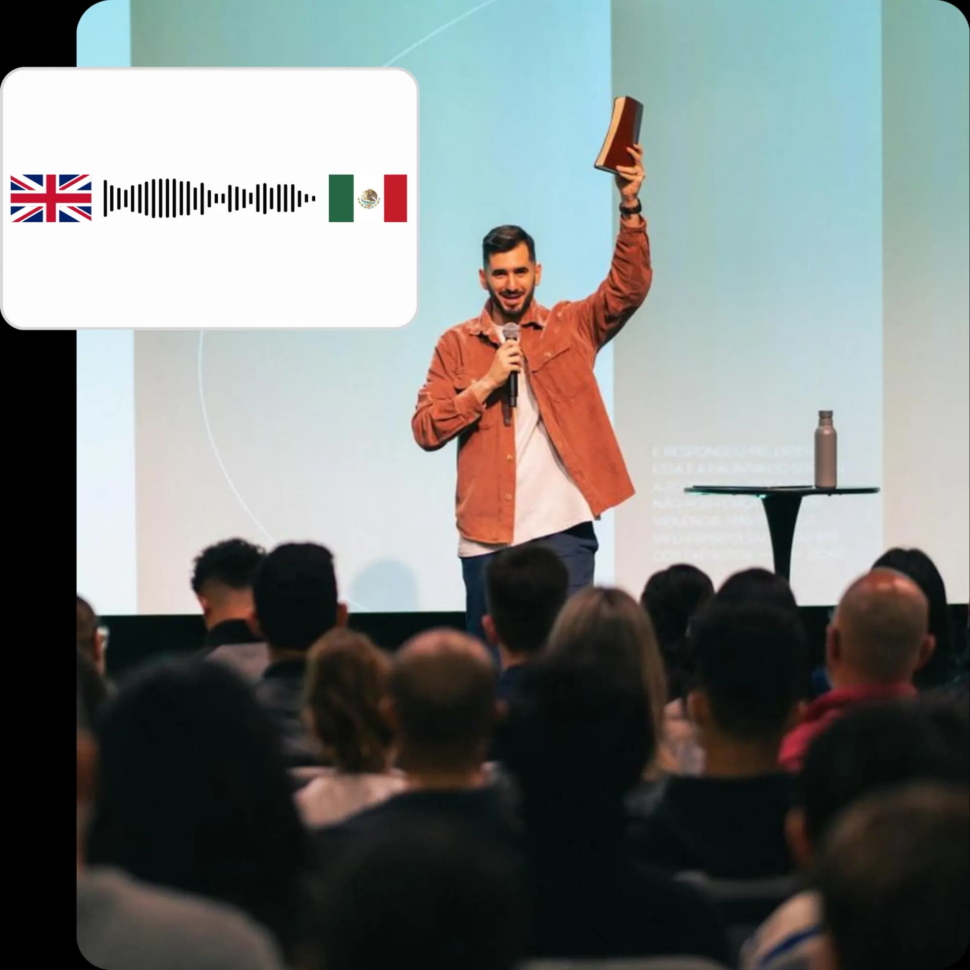 LiveSundayAI real-time translation interface showing live captions during a church service