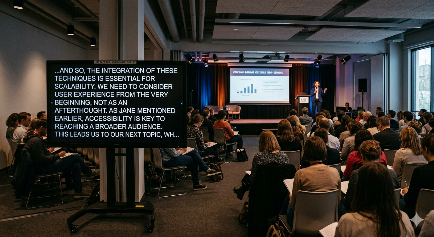 Captions displayed on a large venue screen